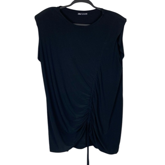 Zara black ruched front padded shoulder tunic tank - Picture 1 of 5